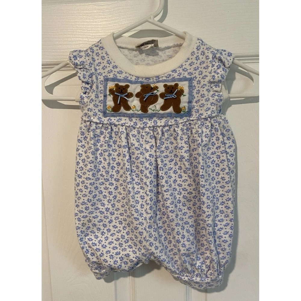 Vintage 90s Rebecca Regas Originals 18-24M Floral Bear Embroidered Romper